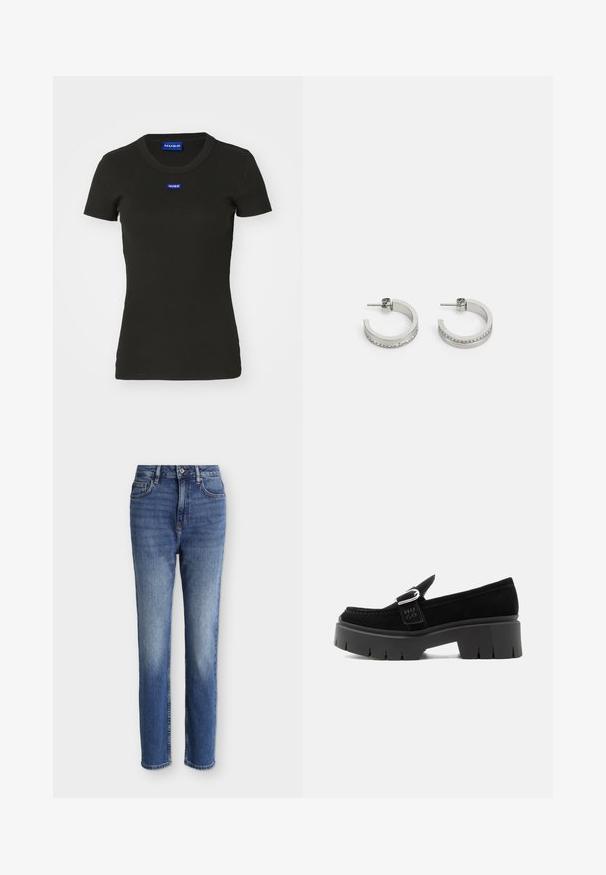 T-shirt noir à manches courtes en coton ribbé, avec un badge logo "HUGO" bleu sur le devant. Design classique à col rond.; Jean bleu moyen taille haute à coupe droite avec poches avant, passants de ceinture, fermeture par bouton, et détails légèrement délavés sur les cuisses et les genoux.; Mocassin en daim noir avec semelle à crampons épaisse, détail boucle argentée et inscription "HUGO" en relief sur la lanière latérale, vu de côté extérieur.; Boucles d'oreilles en argent en forme de créoles présentant une surface lisse et une rangée de petites pierres claires le long du bord inférieur, avec une fermeture à tige.