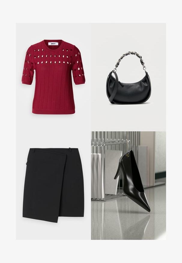 Pull en tricot rouge avec des manches courtes, présentant une texture côtelée et des trous ouverts en motif sur la poitrine et les manches.; Jupe portefeuille noire avec une texture lisse, dotée d'une fermeture éclair sur le côté et de deux passants de ceinture. Design simple sans motifs ni accents visibles.; Chaussure noire à talon haut avec bout pointu et logo doré, posée sur une surface réfléchissante près d'un organiseur de dossiers en fil chromé contenant des documents.; Sac à main en cuir noir de forme arrondie, avec une double bandoulière comprenant une grosse chaîne en argent, et une fermeture supérieure zippée. Texture lisse.