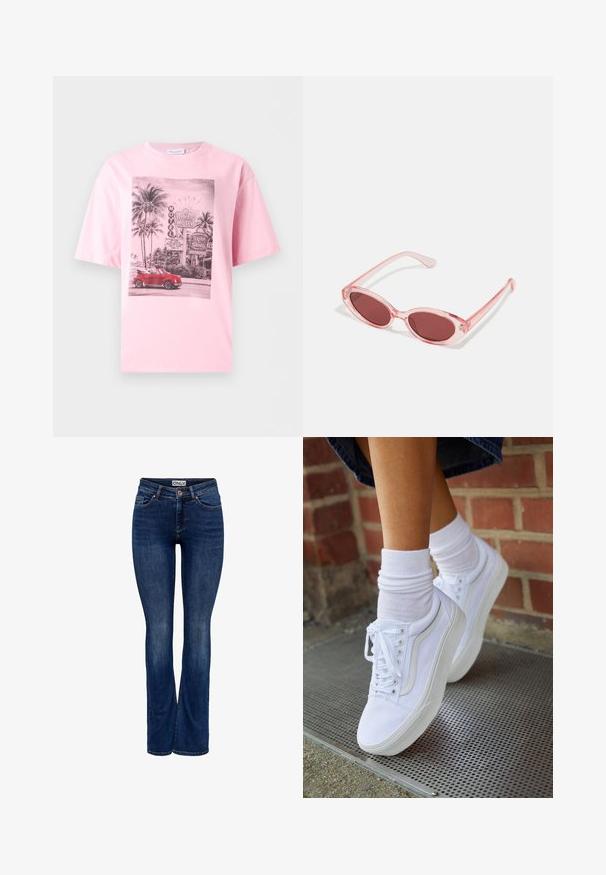 Rosa T-Shirt mit einer schwarz-weißen Vintage-Motelszene und Palmen, mit einem roten Cabrio im Vordergrund.; Dunkelblaue Jeans aus Denim mit leichter Verblendung, Fünf-Taschen-Design, Knopfverschluss und Bootcut-Beinstil, mit dem Etikett "ONLY" am Bund.; Weiße Leinensneaker mit Gummisohlen, ausgestattet mit sechs Ösen, runder Zehenpartie und dezenten Nähten, kombiniert mit weißen Knöchelsocken.; Pink transparente Sonnenbrille mit ovalen Gläsern, dunkler roter Tönung und schlanken Bügeln, ausgestattet mit einer glatten Oberfläche und dezenten Details am Rahmen.