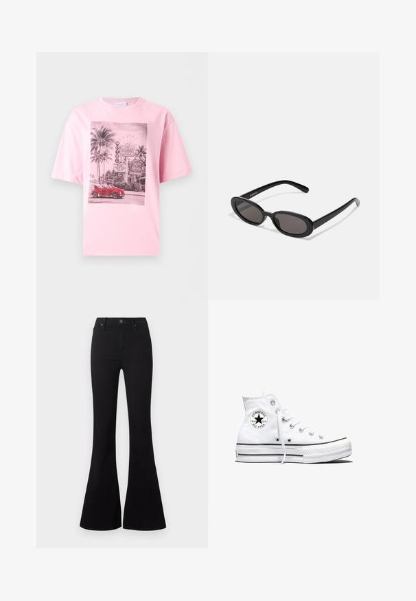 Roze T-shirt met een zwart-wit vintage motelscène en palmbomen, met een rode cabriolet op de voorgrond.; Zwarte high-waist flare jeans met knoopsluiting aan de voorkant en zakken, getoond op een witte achtergrond.; Witte hoge Converse Chuck Taylor All Star sneaker met zwart logopatch en witte veters, weergegeven op een witte achtergrond.; Even&Odd Zonnebril - black