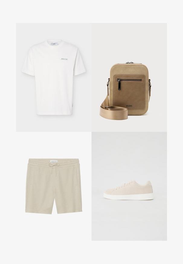 T-shirt blanc à manches courtes avec col rond, avec un petit texte vert "JUICE IT UP Marc O'Polo Denim" sur la partie gauche de la poitrine.; Shorts de couleur khaki en tissu doux, dotés d'une taille à cordon de serrage, de deux poches latérales et d'une coupe décontractée.; Baskets en daim beige avec semelles en caoutchouc blanc, bout rond et six œillets pour les lacets. Texture lisse avec un design minimaliste.; Petit sac bandoulière beige avec poche avant zippée, logo métallique ALDO, sangle large ajustable et forme rectangulaire arrondie sur fond blanc.