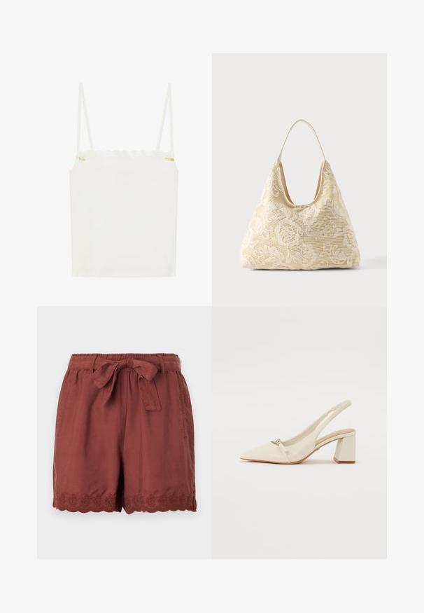 Hvid camisole-top med tynde stropper, der har en bølget blondeudskæring og en lille blomsterdetalje på siden. Glat tekstur, enkel design.; Rustrøde shorts lavet af letvægtsstof, med en elastisk talje og snøring samt detaljeret bølget broderi ved kanten.; Beige læder slingback sko med spidse tå, lav blokhæle og lille sløjfedetalje foran. Glat tekstur og minimalistisk design.; Kremfarvet stoftaske med hvidt blomsterhæklet mønster og en enkelt tynd skulderrem på ensfarvet baggrund.