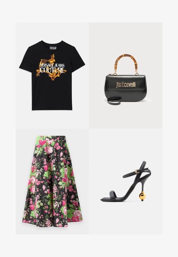 Sort bomulds t-shirt med hvid tekst "VERSACE JEANS COUTURE" og et overdådigt guld design omkring teksten, korte ærmer, rund halsudskæring.; Blomstret nederdel med sort baggrund, der har store lyserøde roser og grønne blade, lavet af letvægtsstof, med en udvidet form, knælængde.; Sort højhælet sandal med tynd anklerem og unikt guldfarvet kugleformet hældetalje, der har et firkantet tådesign.; Sort læderhåndtaske med guld "Just Cavalli"-logo foran og buet bambushåndtag, med aftagelig lang rem.