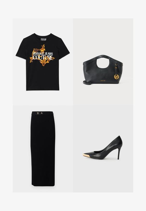 Schwarzes Baumwoll-T-Shirt mit weißem Text "VERSACE JEANS COUTURE" und einem ausgefallenen goldenen Design, das den Text umrahmt, mit kurzen Ärmeln und Rundhalsausschnitt.; AERON FORUM - Bleistiftrock - black; Schwarzer Leder-Pumps mit hohen Absätzen und spitzem Zehenbereich; verfügt über einen metallisch goldenen Akzent auf der Zehenkappe. Glatte Oberfläche mit einem eleganten Design.; Schwarze Lederhandtasche von Michael Kors mit rundem Griffausschnitt, goldfarbenem Logoanhänger und abnehmbarem Schulterriemen vor weißem Hintergrund.