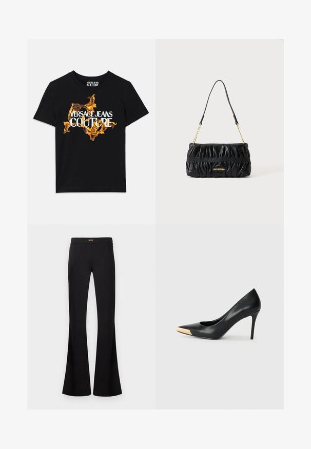 Must musta T-särk, millel on valge tekst "VERSACE JEANS COUTURE" ja elegantne kuldne disain teksti ümber, lühikesed varrukad, ümar kaelus.; Mustad lõikega püksid esiküljel õmblustega ja kullast logoetikett vöökohal, esitletud ühevärvilise hele tausta ees.; Mustmust suured mõõgapead; pöidla kurgus on metallist kullatooni aktsent. Sile pind ja peen disain.; Must nahast käekott kuldse ketiga rihma ja "Love Moschino" logoplaadiga esi keskel.