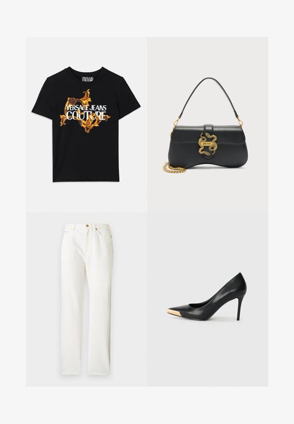 Must musta T-särk, millel on valge tekst "VERSACE JEANS COUTURE" ja elegantne kuldne disain teksti ümber, lühikesed varrukad, ümar kaelus.; Valged teksased püksid sirge lõikega, millel on eesnuppude sulgemine ja kerge tekstuur. Külgedel on taskud ja minimaalne riistvara.; Mustmust suured mõõgapead; pöidla kurgus on metallist kullatooni aktsent. Sile pind ja peen disain.; Mustast nahast käekott, millel on ülaosa käepide, kuldne kett-rihm ja kuldne madu-kujulise klambriga kaas, millel on esiklapil graveering "just cavalli".