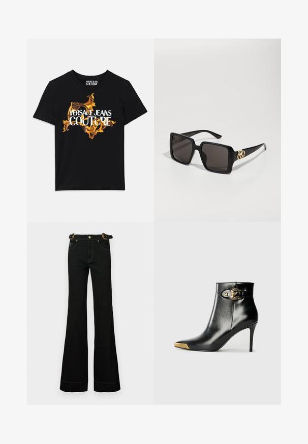 Čierne bavlnené tričko s bielym textom "VERSACE JEANS COUTURE" a bohatým zlatým dizajnom okolo textu, krátke rukávy, okrúhly výstrih.; Čierne rozšírené džínsy s vysokým pásom, s textúrovaným opaskom, zlatými detailmi a kontrastným bielym prešívaním pozdĺž švov.; Čierna členková čižma z lesklej kože s špicatou špičkou, ihličkovým podpätkom a zlatými ozdobami vrátane dekoratívnej prackovej detaily.; Čierne štvorcové slnečné okuliare vyrobené z lesklého plastu s tmavými šošovkami. Obsahujú zlaté kovové detaily na stranách.