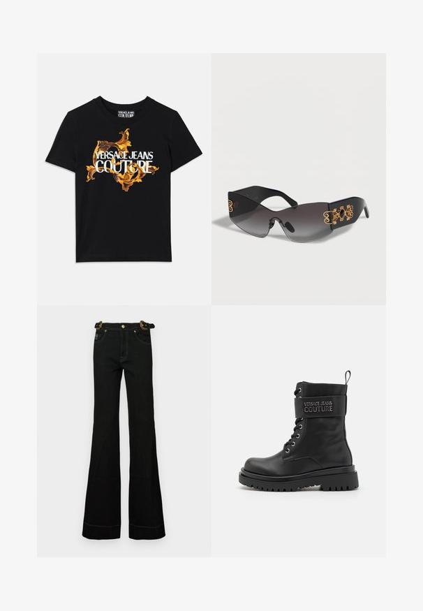 Čierne bavlnené tričko s bielym textom "VERSACE JEANS COUTURE" a bohatým zlatým dizajnom okolo textu, krátke rukávy, okrúhly výstrih.; Čierne rozšírené džínsy s vysokým pásom, s textúrovaným opaskom, zlatými detailmi a kontrastným bielym prešívaním pozdĺž švov.; Čierna bojová topánka s lesklým povrchom, vybavená polstrovaným členkom, šnurovaním vpredu a remienkom s vyrazeným logom cez hornú časť. Gumová podrážka.; Čierne wraparound slnečné okuliare s tmavými gradientnými šošovkami a zlatými ozdobnými dekoráciami na širokých straniciach.