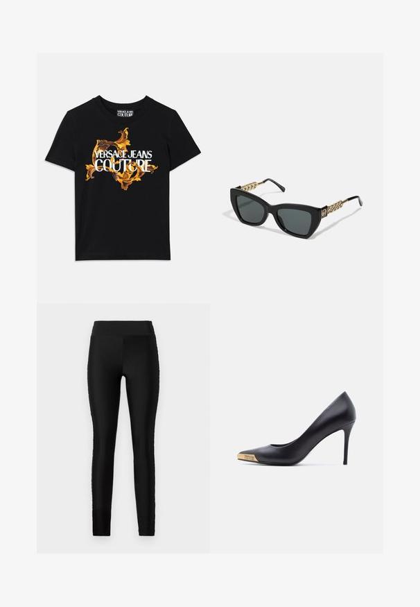 Must musta T-särk, millel on valge tekst "VERSACE JEANS COUTURE" ja elegantne kuldne disain teksti ümber, lühikesed varrukad, ümar kaelus.; Mustad mustad, sujuva ja elastse kangaga, kõrge vöökoht ja istuv disain. Ei sisalda nähtavaid mustreid ega aksessuaare.; Mustast nahast kõrgete kontsadega king, terava varbaga, kullast metallist otsaga, millele on graveeritud "Versace Jeans Couture", nähtav küljelt valgel taustal.; Must musta prillid tumedate läätsedega, kuldse kinketoega peapools ja läikiv viimistlus raamil.
