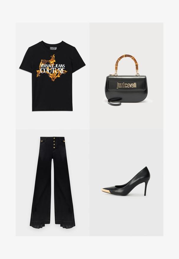 Μαύρο βαμβακερό t-shirt με λευκό κείμενο "VERSACE JEANS COUTURE" και περίτεχνο χρυσό σχέδιο που περιβάλλει το κείμενο, κοντά μανίκια, στρογγυλή λαιμόκοψη.; Μαύρο παντελόνι με ψηλόμεση και φαρδιά μπατζάκια, με πέντε χρυσά κουμπιά και πιετέ λεπτομέρειες στο εσωτερικό του τελειώματος.; Μαύρη δερμάτινη γόβα με ψηλό τακούνι και μυτερή μύτη. Διαθέτει μεταλλική χρυσή λεπτομέρεια στο καπάκι της μύτης. Λείο επιφάνεια με κομψό σχέδιο.; Μαύρη δερμάτινη τσάντα χειρός με χρυσό λογότυπο "Just Cavalli" στο μπροστινό μέρος και καμπυλωτή λαβή από μπαμπού, με αποσπώμενο μακρύ λουρί.