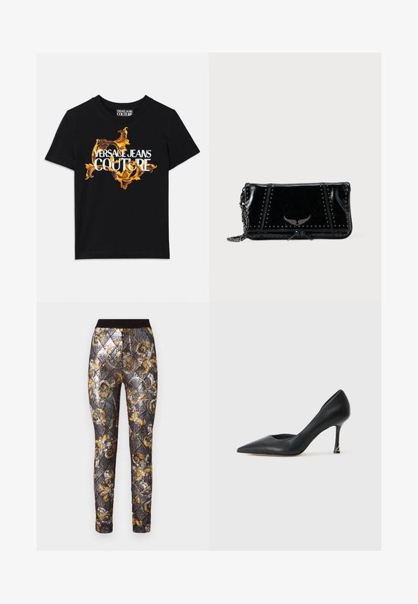 Mustassa puuvillapaidassa on valkoiset tekstit "VERSACE JEANS COUTURE" ja tekstiä ympäröi koristeellinen kultainen kuvio. Paidassa on lyhyet hihat ja pyöreä kaula-aukko.; Musta ja kultainen kuvioitu legginsit, joissa on timanttimainen kuvio ja paljetteja, joustava vyötärö ja monimutkaiset kukkakoristeet.; Mustan nahkaisen kärkitossun tyylikäs muotoilu, jossa on kapea korko ja kultainen yksityiskohta korkopohjassa. Sujuva rakenne.; Musta kiiltävä nahkainen iltalaukku niittikoristeilla, ketjuhihnalla, läppäsuljuksella ja etuosassa kohokuvioidulla siipielementillä, sileä pinta, suorakaiteen muotoinen.