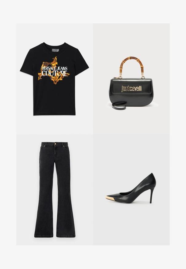 Čierne bavlnené tričko s bielym textom "VERSACE JEANS COUTURE" a bohatým zlatým dizajnom okolo textu, krátke rukávy, okrúhly výstrih.; Čierne rozšírené denimové nohavice so piatimi vreckami, predným zapínaním na gombík a kontrastným prešívaním. Tkanina má hladkú textúru.; Čierny kožený lodičkový topánok na vysokom opätku s špicatou špičkou; zdobený kovovým zlatým akcentom na špičke. Hladký povrch s elegantným dizajnom.; Čierna kožená kabelka so zlatým logom „Just Cavalli“ na prednej strane a zakrivenou bambusovou rúčkou, vybavená odnímateľným dlhým popruhom.