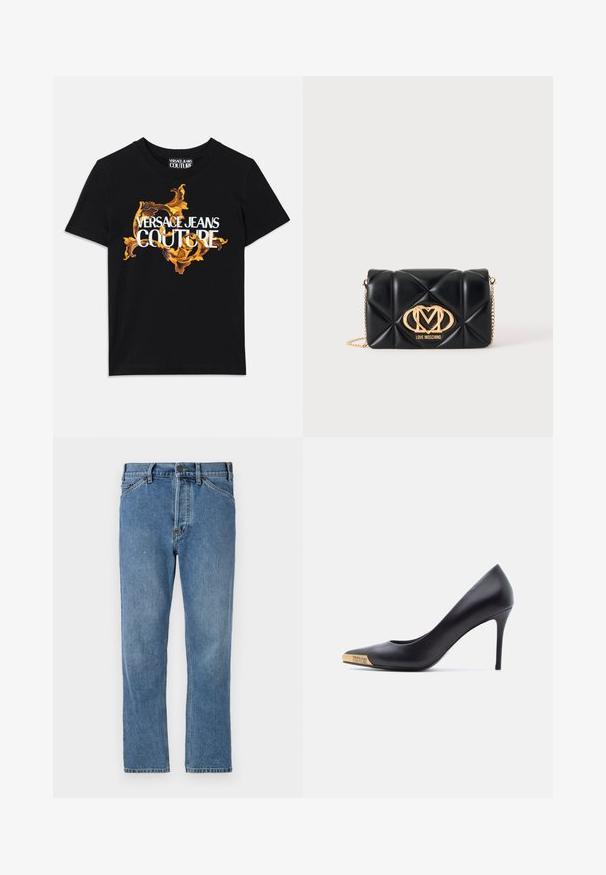 Mustassa puuvillapaidassa on valkoiset tekstit "VERSACE JEANS COUTURE" ja tekstiä ympäröi koristeellinen kultainen kuvio. Paidassa on lyhyet hihat ja pyöreä kaula-aukko.; Vaaleansiniset farkut suoran lahkeen leikkauksella, joissa on vetoketjukiinnitys, viisi taskua ja hienovaraiset ompeluyksityiskohdat. Ei koristeita tai kuvioita.; Musta nahkainen korkokengänkärki, jossa on terävä kärki ja kullanvärinen metallinen kärki, johon on kaiverrettu "Versace Jeans Couture", näkyy sivulta valkoisella taustalla.; Mustaa tikattua nahkalaukkua koristaa kultainen ketjuhihna ja edessä näkyy iso kultainen Love Moschino -logo.