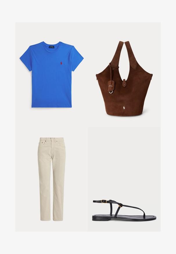 Modré tričko s krátkym rukávom a okrúhlym výstrihom a malým červeným logom Polo Ralph Lauren na ľavej strane hrudníka, zobrazené na bielom pozadí.; Béžové nohavice z manšestru so vzpriamenými nohavicami, pútkami na opasok, predným gombíkom, zipsom a prednými vreckami.; Čierne ploché sandále s minimalistickým dizajnom. Obsahujú tenké popruhy, prstový opierok, zlaté dekoratívne prvky a hladkú štruktúrovanú podrážku.; Hnedá semišová taška s širokými rúčkami, predným zapínaním na gombík a malým logom Polo Ralph Lauren blízko dolného stredu.