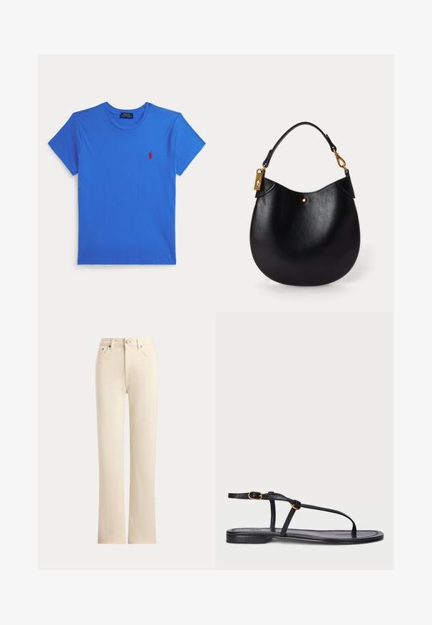 Blauw T-shirt met korte mouwen en ronde hals met klein rood Polo Ralph Lauren-logo op de linkerborst, weergegeven op een witte achtergrond.; Rechte jeans in crème kleur met knoopsluiting aan de voorkant en stijl met vijf zakken op een effen achtergrond.; Zwarte platte sandaal met een minimalistisch ontwerp. Beschikt over dunne banden, een teenpost, gouden hardware-accenten en een gladde, textuurachtige zool.; Zwarte leren handtas met een ronde vorm, korte handgreep, gouden hardware en een subtiele gouden stipaccent aan de voorkant. Glad van structuur.