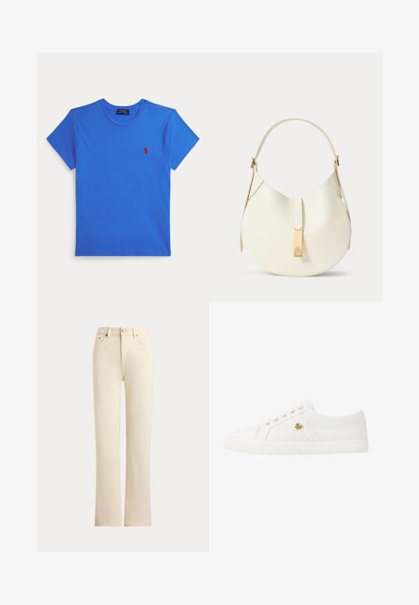 Blå t-shirt med korte ærmer og rund hals med lille rødt Polo Ralph Lauren-logo på venstre bryst, vist på hvid baggrund.; Jeans i cremefarvet straight-leg med knaplukning foran og fem-lomme-styling på en ensfarvet baggrund.; Lauren Ralph Lauren JANSON II CANVAS SNEAKER - Sneakers - optic white; Cremefarvet læderhåndtaske med et enkelt buet topgreb og en gylden rektangulær lås foran.