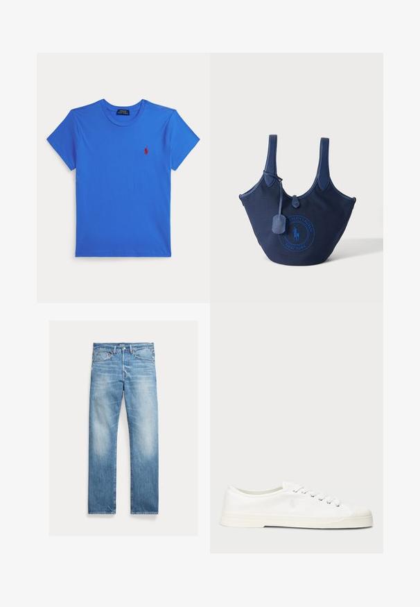 Modré tričko s krátkym rukávom a okrúhlym výstrihom a malým červeným logom Polo Ralph Lauren na ľavej strane hrudníka, zobrazené na bielom pozadí.; Svetlomodré rovné rifle s miernym vyblednutím, dizajn s piatimi vreckami a viditeľnou značkou Polo na páse.; Biele plátěné tenisky s okrúhlou špičkou, viazaním na šnúrky a diskrétnym logom. Majú štruktúrovanú textíliu a gumovú podrážku.; Námornícka modrá plátenná taška s koženými rukoväťami a nášivkou s logom Polo Ralph Lauren New York v strede.