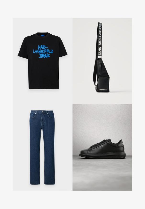 Camiseta de algodón negra de manga corta con texto "KARL LAGERFELD JEANS" en azul pintado con spray en el frente, en un estilo audaz de graffiti.; Jeans de denim azul oscuro con corte recto, que cuentan con un cierre frontal de botón, presillas para cinturón y un diseño de bolsillo estándar.; Persona que lleva zapatillas negras Karl Lagerfeld con pantalones negros, de pie sobre un suelo de parquet de madera contra una pared blanca con paneles.; Bolso bandolera negro con bolsillo frontal con cremallera y correa ajustable impresa con "KARL LAGERFELD JEANS" en letras blancas.