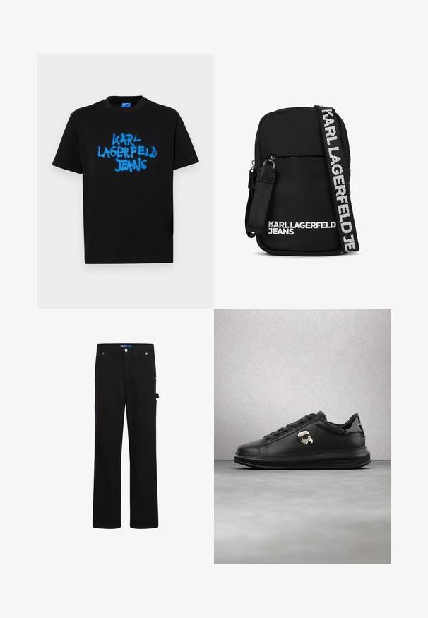 Black cotton t-shirt with short sleeves featuring blue spray-painted "KARL LAGERFELD JEANS" text on the front in a bold, graffiti style.; Black cargo pants with a straight cut, featuring two front pockets, a rear pocket, and blue accents on the side and waistband.; Person wearing black leather pants and black sneakers with a small cartoon character accessory on the side, standing on wooden floor.; Black fabric crossbody bag with a rectangular shape, featuring a zippered front pocket and a contrasting logo strap in white.