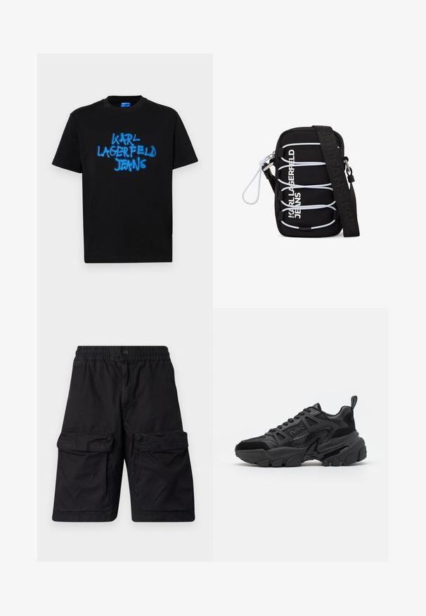 Sort bomulds t-shirt med korte ærmer, der har blå spraymalt "KARL LAGERFELD JEANS" tekst på fronten i en fed, graffiti-stil.; Sorte shorts lavet af slidstærkt stof med elastisk talje, to store cargo-lommer på hver side og syet detaljering.; Sorte sneakers med en kombination af glatte og teksturerede materialer, en chunky sål, snøredesign og markante sideaccents.; Sort crossbody-taske med hvide elastiske snore, sølv hardware og teksten "KARL LAGERFELD JEANS" i hvid på forsiden, med en bred sort strop.