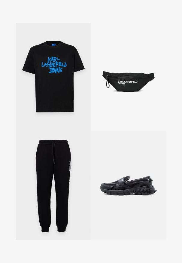 Sort bomulds t-shirt med korte ærmer, der har blå spraymalt "KARL LAGERFELD JEANS" tekst på fronten i en fed, graffiti-stil.; Sorte sweatpants lavet af blødt stof, med en elastisk talje og snøre, tapered ben og et logo langs siden.; Sort slip-on sneaker med tyk tekstureret sål og meshpaneler, designet til afslappet og atletisk brug.; Sort talje taske med lynlås og hvid "KARL LAGERFELD JEANS" logo på fronten og justerbar strop på begge sider.