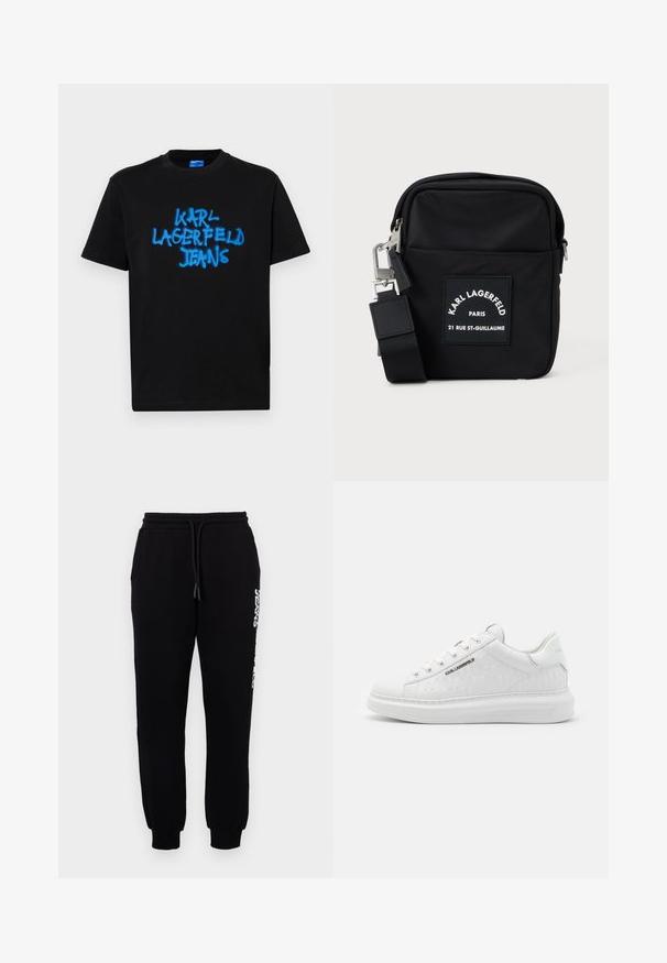 Must must t-särk lühikeste varrukatega, mille esiserval on sinise sprayvärviga "KARL LAGERFELD JEANS" tekst julgelt graffiti stiilis.; Mustmustooted mustad sportsikut, mis on valmistatud pehmest kangast, elastse vöökoha ja tõmbluku ning kitseneva lõikega jalgadega, mille küljes on logo.; Valged sneakerid, mis on valmistatud siledast nahast ja millel on reljeefne muster. Omab ümmargust varvasekambrit, nööpide ja paeltega esiosa ning tekstuurset tallaosa. Külje peal on hõbedane logo detail.; Musthave muströömiline must nailonist risti kott, millel on ristkülikukujuline kuju, esiosas plaastriga silt, hõbedased detailid ja reguleeritav rihm.