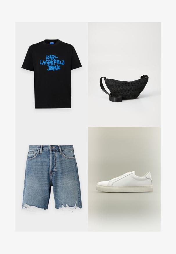 Sort bomulds t-shirt med korte ærmer, der har blå spraymalt "KARL LAGERFELD JEANS" tekst på fronten i en fed, graffiti-stil.; Lys blå denimshorts med en slidt kant, fem-lomme design og synlig syning. Har en knaplukning i taljen.; Hvid lavtop sneaker med snørebånd foran og tyk sål, vist fra siden mod en neutral baggrund.; Sort vævet stof taske med en buet form, der har en glat sort rem og en struktureret overflade. Velegnet til crossbody eller hoftebæring.