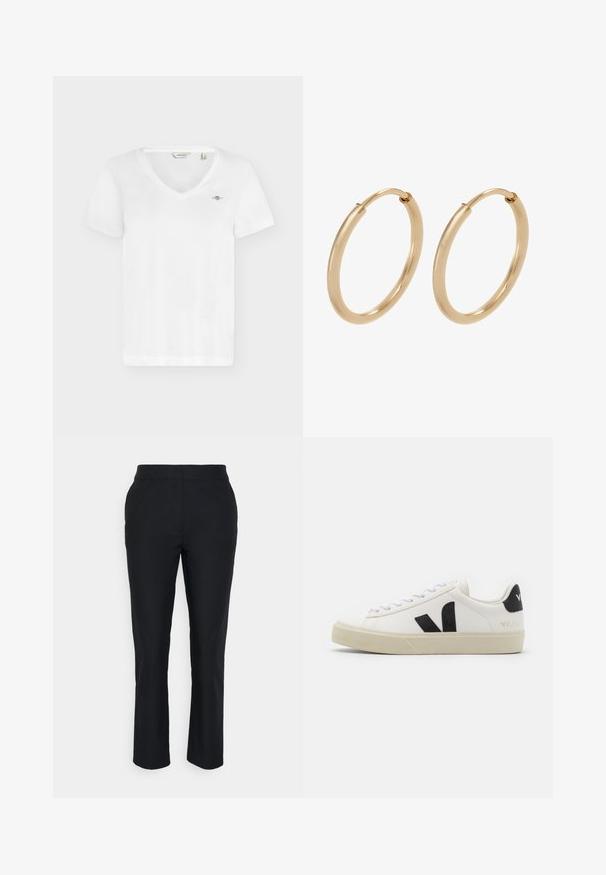 Camiseta blanca de manga corta con cuello en V, pequeño logotipo bordado en el pecho izquierdo y etiqueta de la marca GANT en el interior del cuello.; Pantalones negros ajustados con pierna recta, hechos de una tela suave. Presentan una cinturilla sin cierres visibles ni bolsillos.; Zapatilla de cuero blanca con logo V de goma negra. Suela texturizada en blanco roto, cordones blancos y detalle en el talón trasero con el nombre de la marca en negro.; Pendientes de aro de oro con un acabado suave y pulido. Forma redondeada, tamaño mediano, con un mecanismo de cierre seguro.