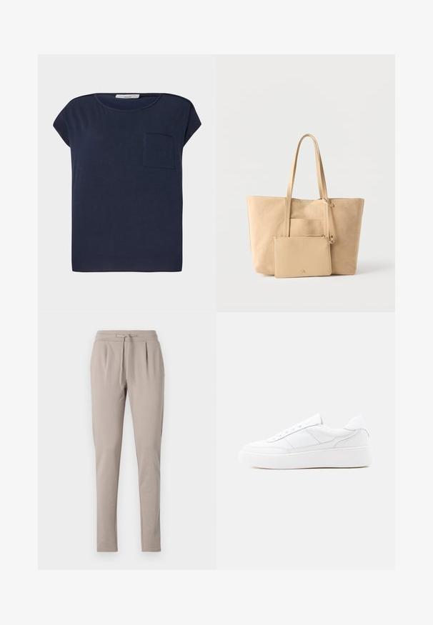 Marineblå kortærmet T-shirt lavet af letvægtsstof. Har en enkelt lomme på venstre side og en afslappet pasform.; Beige sweatpants med snøre i taljen, tætsiddende ben og plisseret frontdetalje. Fremstillet af blødt, let materiale.; Hvid lavtop-sneaker med tyk sål, snørelukning og diskrete syningsdetaljer på en ensfarvet lys baggrund.; Beige ruskind-totetaske med lange håndtag og tilhørende matchende lynlåsetaske på en ensfarvet hvid baggrund.