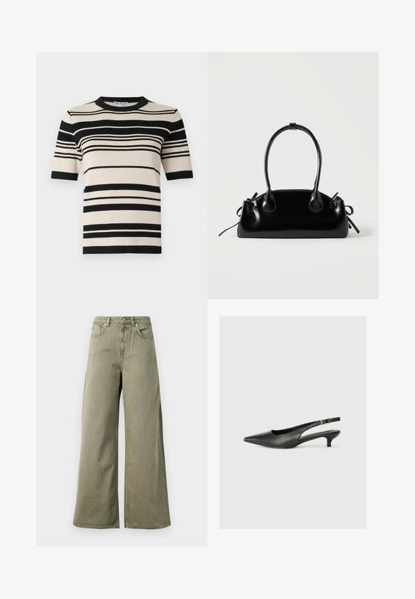 Top de punto beige de manga corta con rayas horizontales negras de diferente grosor y cuello redondo negro.; Vaqueros de pernera ancha en verde oliva de cintura alta con botón frontal, cremallera y diseño de cinco bolsillos sobre un fondo blanco.; Zapato de tacón slingback negro de punta afilada, hecho de cuero suave. Presenta un tacón delgado y un detalle de hebilla en la correa ajustable.; Pequeño bolso negro brillante con dos asas largas y detalles de cordón lateral sobre un fondo claro liso.