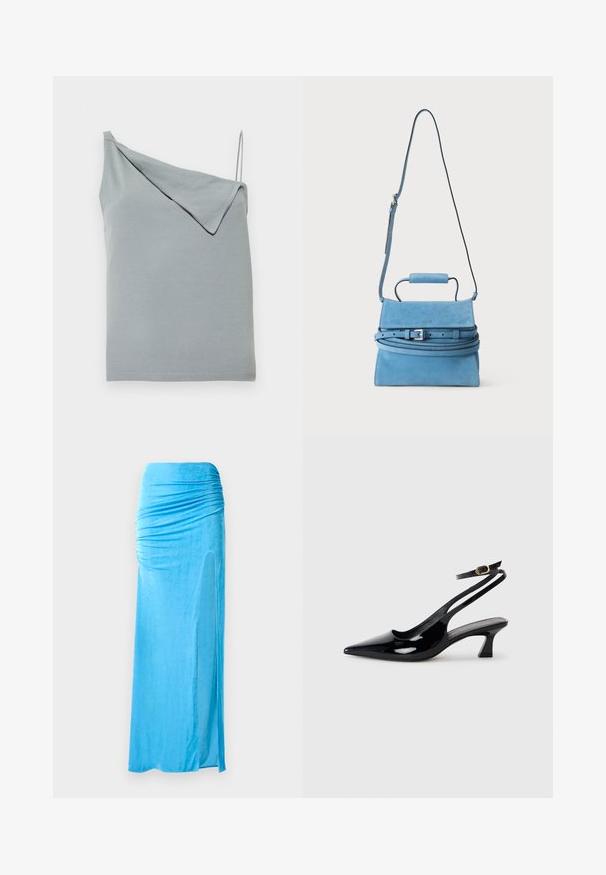 Lichtblauw asymmetrisch mouwloos topje met één brede schouderband en één dunne spaghetti band, met gevouwen stofdetail op de bredere band.; Blauwe velours maxi rok met geraffineerde details in de taille, met een zijsplit en een gladde textuur voor een vloeiende silhoeet.; Zwarte gepatineerde leren slingback hakken met een puntige neus, lage blokhak en een verstelbare enkelband met een gouden gespsluiting.; Blauwe suède handtas met bovenhengsel, verstelbare lange schouderriem en zilveren gespdetail op de klepsluiting.