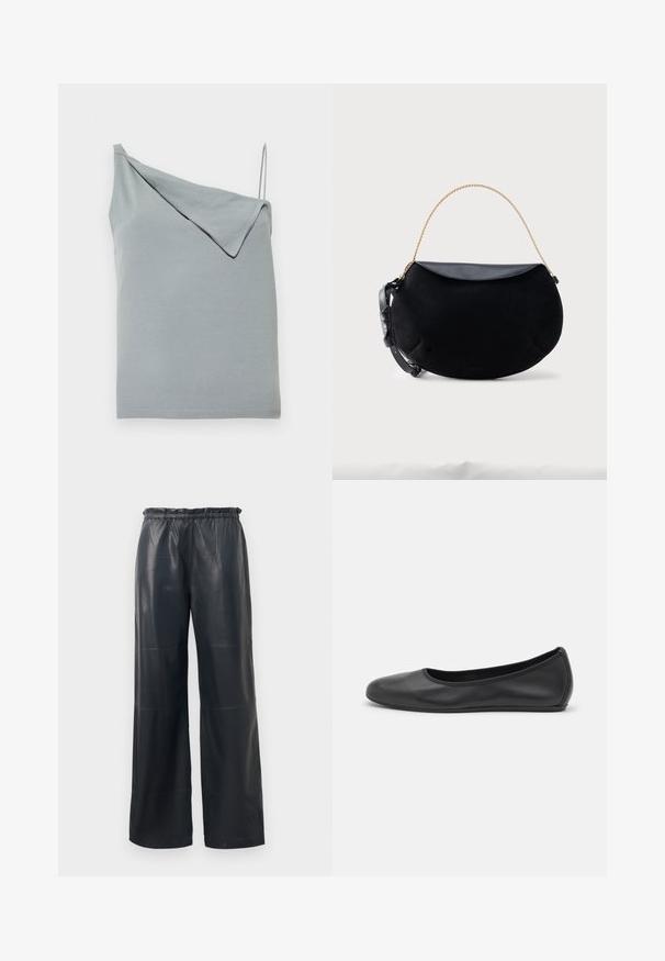 Lichtblauw asymmetrisch mouwloos topje met één brede schouderband en één dunne spaghetti band, met gevouwen stofdetail op de bredere band.; Zwarte neplederen wijdgesneden broek met een elastische tailleband, voorzien van een zachte textuur en nette stiksels.; Zwarte leren ballerina met een ronde neus, gladde textuur, minimale stikdetails en een flexibele zoolontwerp.; Zwart handtas in halve maanvorm met glad leren klep, gouden kettinghandvat en verstelbare zwarte leren riem, geplaatst op een witte achtergrond.