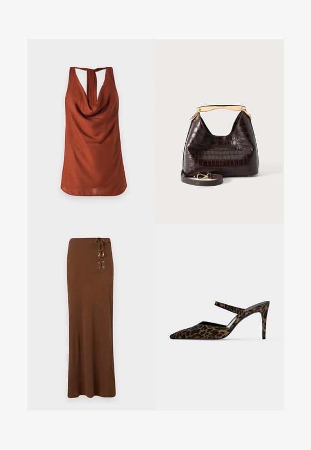 Top sans manches de couleur rouille avec un col drapé, un dos dégarni et un tissu lisse. Le design présente une coupe décontractée et sans motifs visibles.; Jupe longue marron avec une taille haute et un détail lacé avec œillets dorés et breloques sur le côté droit.; Mule à talon haut imprimé léopard marron et noir avec bout pointu et une fine bride sur le dessus du pied.; Sac à main marron foncé à texture crocodile avec une poignée dorée courbée et une bandoulière assortie amovible avec une boucle dorée, présenté sur fond blanc.