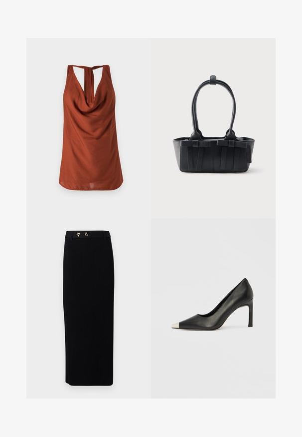 Rustfarvet ærmeløs top med draperet halsudskæring, åben ryg og glat stof. Designet har en afslappet pasform og ingen synlige mønstre.; AERON FORUM - Pencil skirt - black; Sort læder højhælet sko med spids tå og metal-sølv hætte. Har en glat finish og en slank hæl på 10 cm.; Sort læderhåndtaske med to håndtag, dekorative remme og en rektangulær bund på en ensartet lys baggrund.