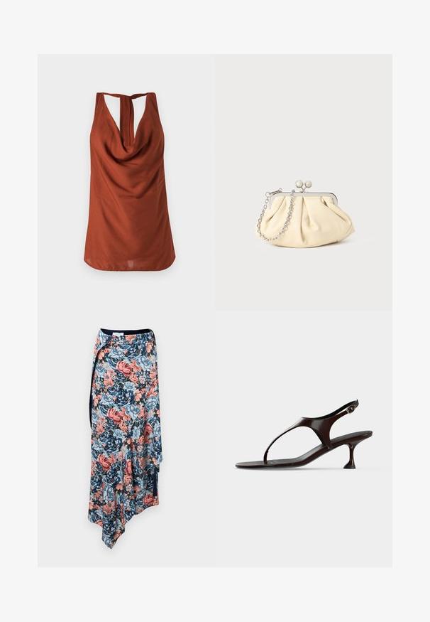 Top sans manches de couleur rouille avec un col drapé, un dos dégarni et un tissu lisse. Le design présente une coupe décontractée et sans motifs visibles.; Rabanne Jupe crayon - english tapestry/pink/blue/green; Sandale slingback en cuir verni marron foncé avec petit talon et bride entre les orteils sur fond blanc.; Pochette en cuir beige plissé avec un cadre en métal argenté, dotée de deux fermoirs ronds décoratifs et d'une chaîne en argent.