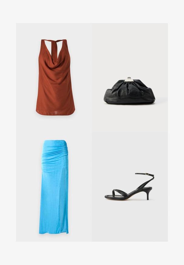 Rustfarvet ærmeløs top med draperet halsudskæring, åben ryg og glat stof. Designet har en afslappet pasform og ingen synlige mønstre.; Blå velour maxi meget med sammensyninger ved taljen, med en sideslids og glat tekstur for en flydende silhuet.; Sort damesandal i læder med tynde remme, en tå-loop, ankelspænde og en mellemhøj stiletthæl på en neutral baggrund.; Sort læderclutch med en samlet tekstur, metal lukning og diskret præget logo på forsiden. Rundet form.
