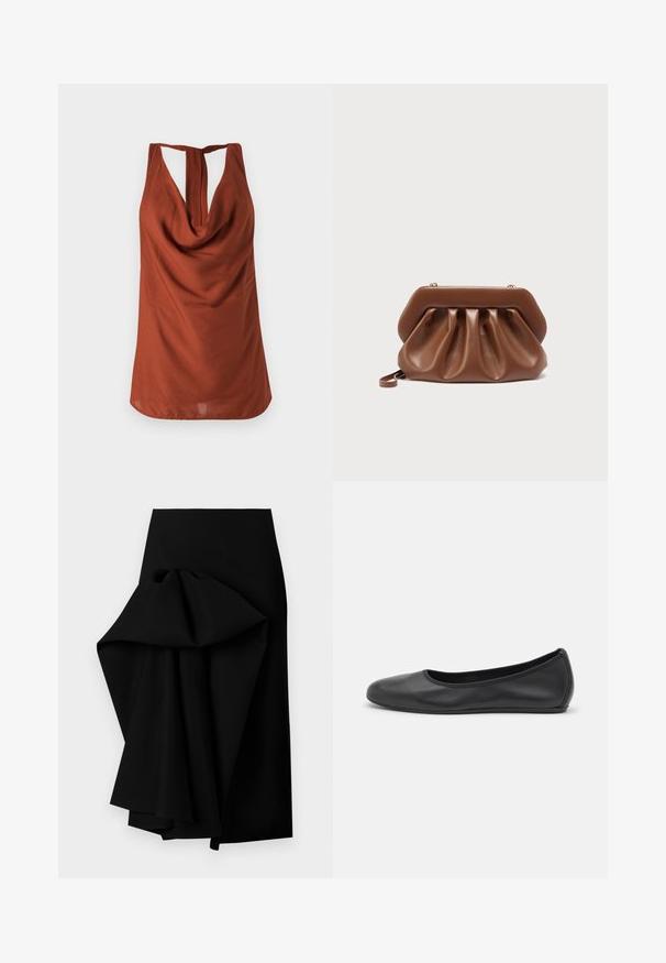Rustfarvet ærmeløs top med draperet halsudskæring, åben ryg og glat stof. Designet har en afslappet pasform og ingen synlige mønstre.; Sort nederdel lavet af glat stof, med et oversized draperet design på den ene side, der danner en høj-lav kant.; Sort læderballetsko med rund tå, glat tekstur, minimal syning og et fleksibelt såldesign.; Brun læderclutch med samlet design og struktureret topramme, der har en lille håndledsrem og detalje i guldfarvet lukning.