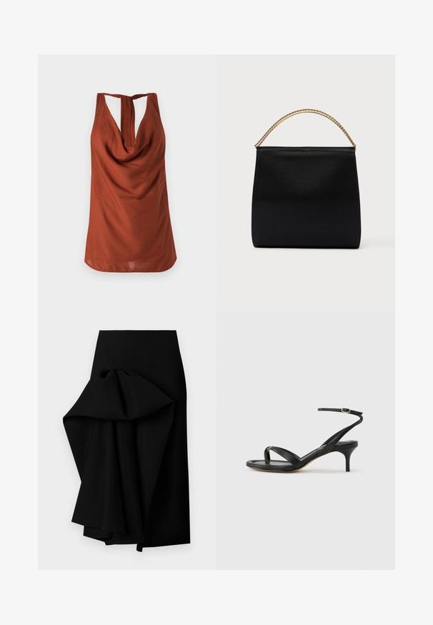 Top sans manches de couleur rouille avec un col drapé, un dos dégarni et un tissu lisse. Le design présente une coupe décontractée et sans motifs visibles.; Jupe noire en tissu lisse, présentant un design drapé surdimensionné d'un côté, formant un ourlet asymétrique.; Sandale pour femme en cuir noir avec fines lanières, une boucle d'orteil, une boucle à la cheville et un talon aiguille de hauteur moyenne sur un fond neutre.; Sac noir en tissu lisse, présentant une forme structurée, une poignée en chaîne dorée et un design géométrique minimaliste.