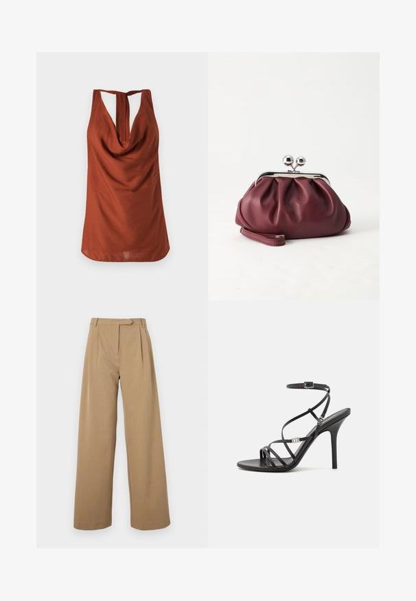 Top sans manches de couleur rouille avec un col drapé, un dos dégarni et un tissu lisse. Le design présente une coupe décontractée et sans motifs visibles.; Pantalons à jambes larges de couleur marron clair, fabriqués en tissu texturé. Présentent des plis à l'avant et une taille ajustée. Design simple sans matériel visible.; Sandale noire à talons hauts avec des brides fines, une boucle à la cheville, une surface en cuir lisse et un talon aiguille élancé.; Petit sac pochette en cuir bordeaux avec fermoir métallique argenté et bracelet sur fond blanc.