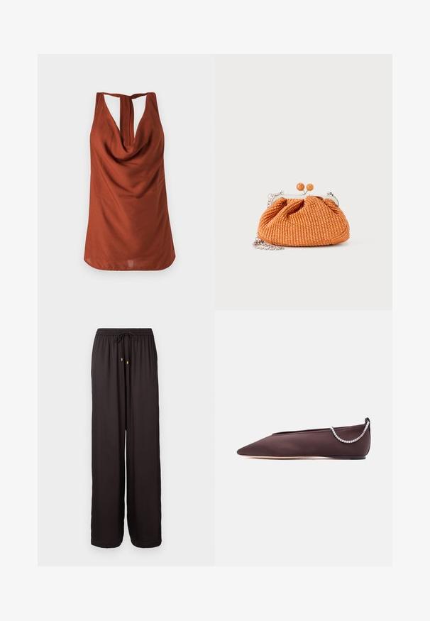 Rostfarbenes ärmelloses Oberteil mit drapiertem Ausschnitt, offener Rückseite und glattem Stoff. Das Design zeichnet sich durch einen lockeren Schnitt und keine sichtbaren Muster aus.; Locker sitzende schwarze Hose mit elastischem Bund und Zugband mit goldfarbigen Spitzen, mit vollem Bein und geradem Schnitt.; Dunkelbrauner flacher Schuh mit spitz zulaufender Spitze, niedrigem Absatz und einer silbernen Strasssteinkette auf der Rückseite.; Kleine orangefarbene gewebte Clutch-Handtasche mit silbernem Metallrahmen, rundem Verschluss und silberner Kettenriemen auf weißem Hintergrund.