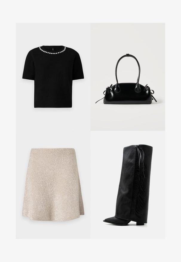 Black short-sleeve sweater featuring a crew neck adorned with a circular pattern of silver-tone embellishments along the neckline.; Beige mini skirt made from soft, textured fabric with a slight sheen. Features an elastic waistband and a flared shape.; Black leather knee-high boot with pointed toe and decorative fringe along the outer side against a plain white background.; Small black glossy handbag with two long handles and side drawstring details on a plain light background.
