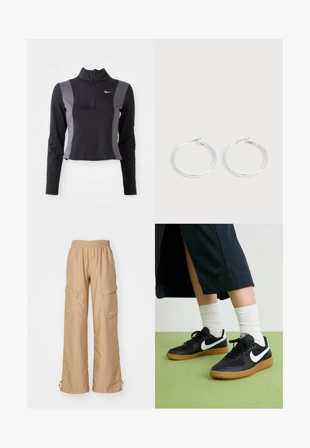 Schwarzes und graues Langarm-Oberteil mit Viertelreißverschluss und anliegendem Design, mit Nike-Logo, kontrastierenden Seiteneinsätzen und einer glatten Textur.; Nike Sportswear TREND - Cargohose - hemp; Schwarze Leder- und synthetische Sneakers mit weißem Nike-Swoosh, Gummisohle, runder Spitze und schwarzen Schnürsenkeln. Gestreifte weiße Socken sind sichtbar.; Paar glänzende silberne Creolen mit dünnen Drahtverschlüssen, dargestellt vor einem hellgrauen Hintergrund.