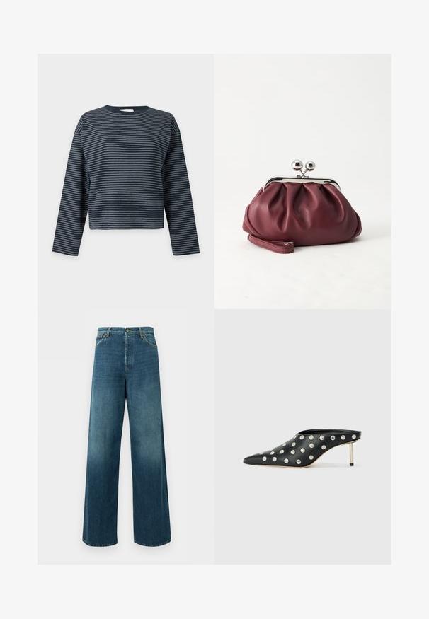 Chemise bleu marine à manches longues avec fines rayures horizontales blanches et col rond sur un fond clair uni.; Jean denim bleu à jambes larges, taille haute, fermeture devant par bouton et zip, et poches avant sur fond uni.; STAND STUDIO KELSEY - Mules à talons - black; Petit sac pochette en cuir bordeaux avec fermoir métallique argenté et bracelet sur fond blanc.