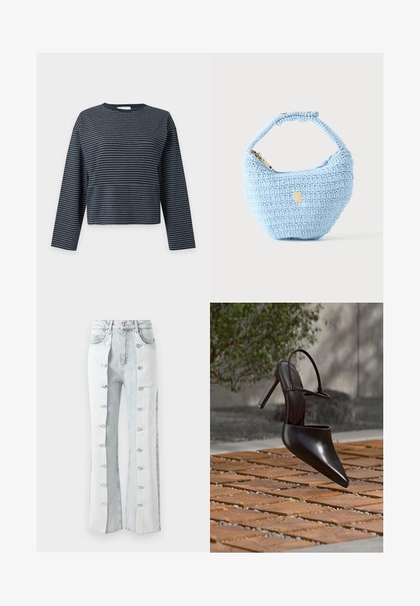 Marineblauw shirt met lange mouwen, dunne witte horizontale strepen en een ronde halslijn op een effen lichte achtergrond.; Lichtblauwe denim jeans met zilveren knoopaccenten, met een wijd uitlopende pasvorm en zijpanelen. De stof heeft een gestructureerde afwerking.; Glanzende zwarte hoge hak mule met spitse neus en enkelriem, zwevend boven een oppervlak met terracottategels en grindvoegen.; Kleine lichtblauwe gehaakte handtas met korte riem en gouden rits, gepresenteerd tegen een effen lichte achtergrond.
