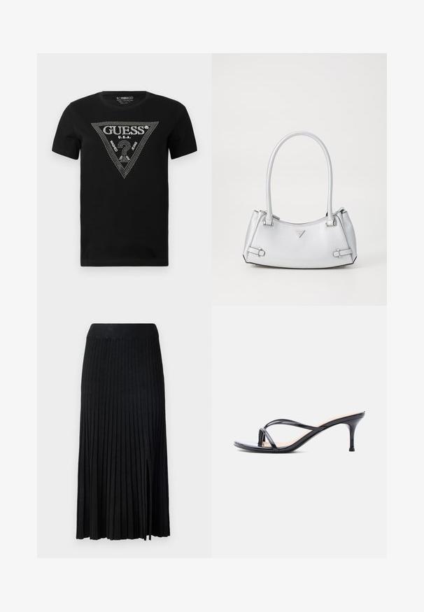 T-shirt en coton noir avec un design de triangle en strass portant le texte "GUESS" et "U.S.A.", col rond et manches courtes.; Jupe midi plissée noire avec ceinture côtelée, présentant un tissu texturé, une fente latérale et des lignes verticales sur l'ensemble du design.; Sandale à talon en cuir verni noir avec fines lanières croisées et talon aiguille moyen et élancé sur fond blanc.; Sac à main argenté avec un design structuré, doté de deux poignées, d'une texture brillante, de quincaillerie accentuée et d'un logo triangulaire sur le devant.