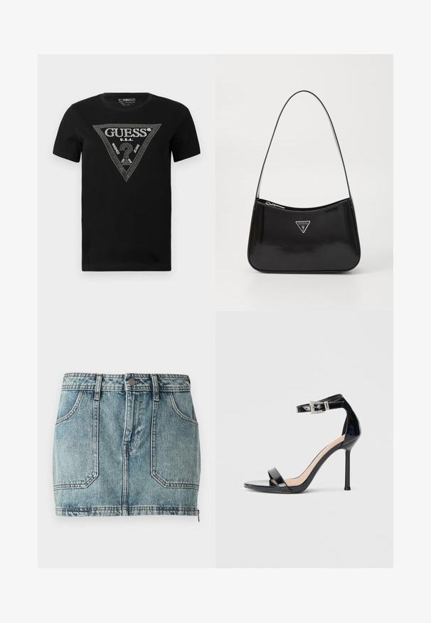 Schwarzes Baumwoll-T-Shirt mit einem Strass-Dreieck-Design und dem Text "GUESS" und "U.S.A.", Rundhalsausschnitt und kurzen Ärmeln.; Helles, blaues Denim-Minirock mit Fünf-Taschen-Design, Gürtelschlaufen, Metallknopfverschluss und kontrastierenden Nähten.; Schwarzer Riemchensandale aus Lackleder mit hohem Absatz und Knöchelriemen. Verfügt über ein minimalistisches Design, offene Zehenpartie und eine Schnalle mit Strassakzenten.; Schwarze patentierte Leder-Schultertasche mit geschwungener Form, ausgestattet mit einem silbernen Dreieckslogo und einem Reißverschluss. Glatte Textur und schmaler Riemen.