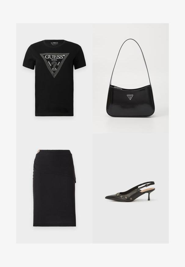 Camiseta de algodón negra con un diseño en forma de triángulo de cristal con el texto "GUESS" y "U.S.A.", cuello redondo y mangas cortas.; Falda lápiz negra con un diseño frontal drapeado, que presenta un acento metálico decorativo en la cintura. Fabricada con una tela elástica.; Zapato de tacón con talón descubierto en piel negra, punta puntiaguda, tacón pequeño y detalles metálicos decorativos a lo largo de la abertura frontal. Textura lisa.; Bolso de hombro de charol negro con forma curva, que presenta un logotipo triangular plateado y un cierre de cremallera. Textura suave y correa delgada.