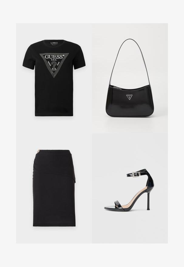 Camiseta de algodón negra con un diseño en forma de triángulo de cristal con el texto "GUESS" y "U.S.A.", cuello redondo y mangas cortas.; Falda lápiz negra con un diseño frontal drapeado, que presenta un acento metálico decorativo en la cintura. Fabricada con una tela elástica.; Sandalia de tacón alto en piel sintética negra con correa en el tobillo. Presenta un diseño minimalista, punta abierta y una hebilla con detalles de pedrería.; Bolso de hombro de charol negro con forma curva, que presenta un logotipo triangular plateado y un cierre de cremallera. Textura suave y correa delgada.