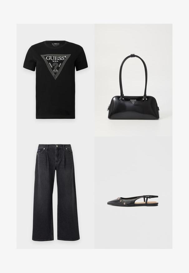 T-shirt en coton noir avec un design de triangle en strass portant le texte "GUESS" et "U.S.A.", col rond et manches courtes.; Jean noir à jambe large en denim, avec une fermeture à bouton sur le devant, deux poches avant et une finition épurée sans embellissements.; Mocassin plat à bout pointu en cuir noir avec breloques décoratives dorées sur le dessus et une petite bride à boucle au talon.; Sac à main noir brillant avec une silhouette incurvée, deux poignées et une plaque logo à l'avant. Fermeture éclair et accents en matériel brillant.