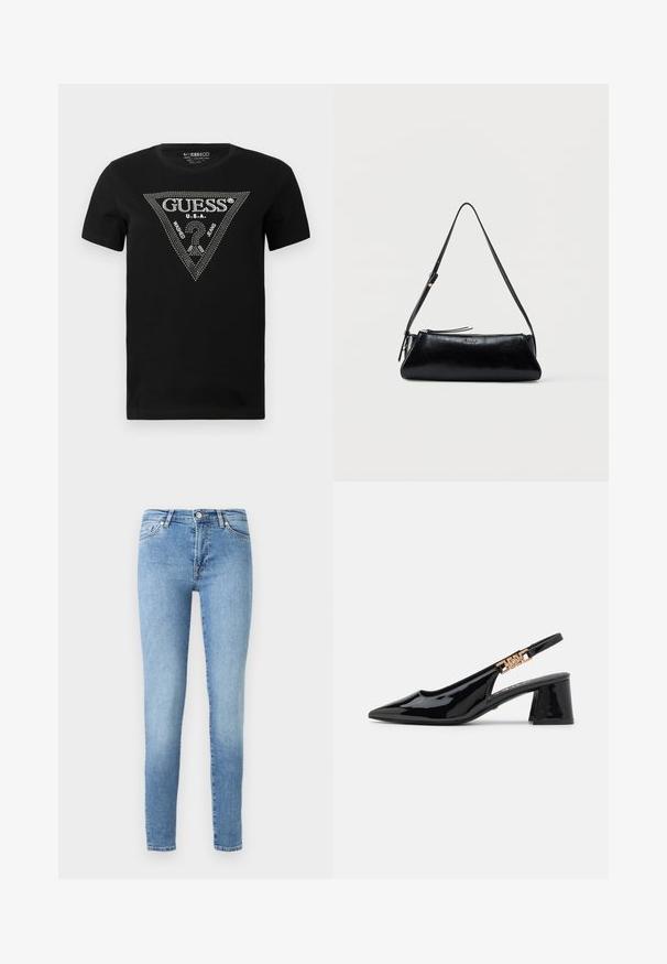 Camiseta de algodón negra con un diseño en forma de triángulo de cristal con el texto "GUESS" y "U.S.A.", cuello redondo y mangas cortas.; Vaqueros ajustados de color azul claro, hechos de mezclilla, que presentan un clásico diseño de cinco bolsillos, un ligero desvanecimiento y una cinturilla estándar con cremallera.; Zapatos de charol negro con tacón de pala y puntera afilada, con detalles en tono dorado en la correa, que presentan un tacón cuadrado. Textura suave.; Bolso de cuero negro para llevar al hombro con correa ajustable delgada, cierre de cremallera y pequeño logo metálico "GUESS" en el centro delantero.